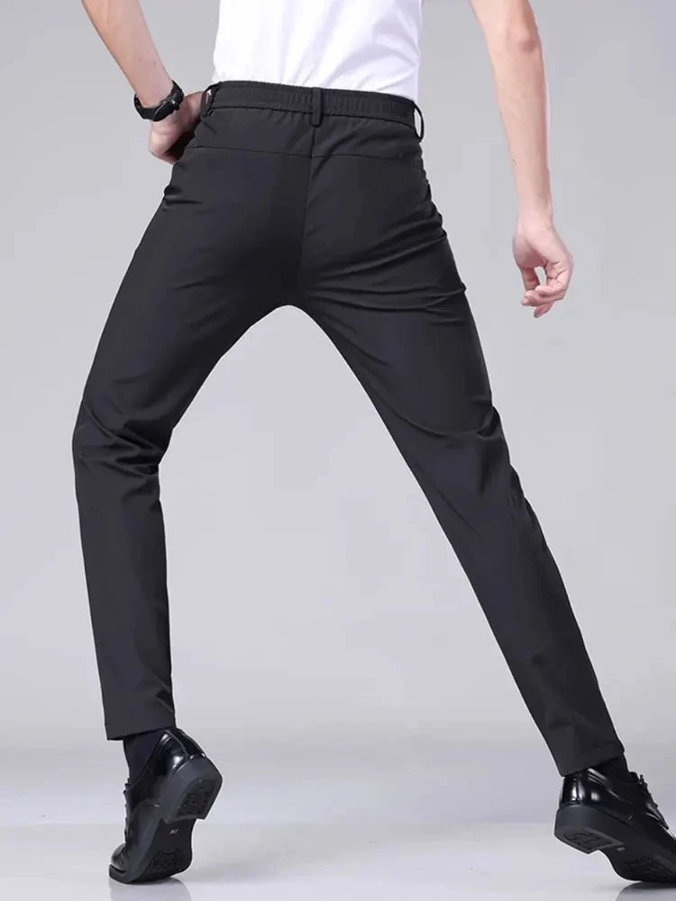 Men's casual pants, semi elastic waistband, nylon ice silk elastic straight tube, light gray, business gentleman, summer casual