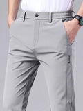 Men's casual pants, semi elastic waistband, nylon ice silk elastic straight tube, light gray, business gentleman, summer casual